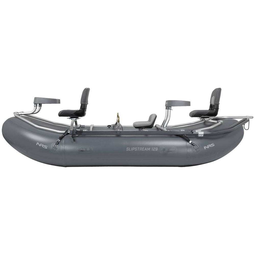 The gray "Slipstream Fishing Raft" by NRS features a metal frame and three seats, engineered for whitewater durability. Known as the Slipstream 129, it performs exceptionally in shallow water and is part of the acclaimed Slipstream Fishing Rafts collection, shown against a white background.