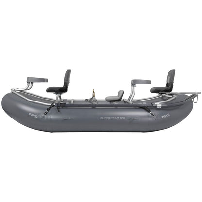 The gray "Slipstream Fishing Raft" by NRS features a metal frame and three seats, engineered for whitewater durability. Known as the Slipstream 129, it performs exceptionally in shallow water and is part of the acclaimed Slipstream Fishing Rafts collection, shown against a white background.