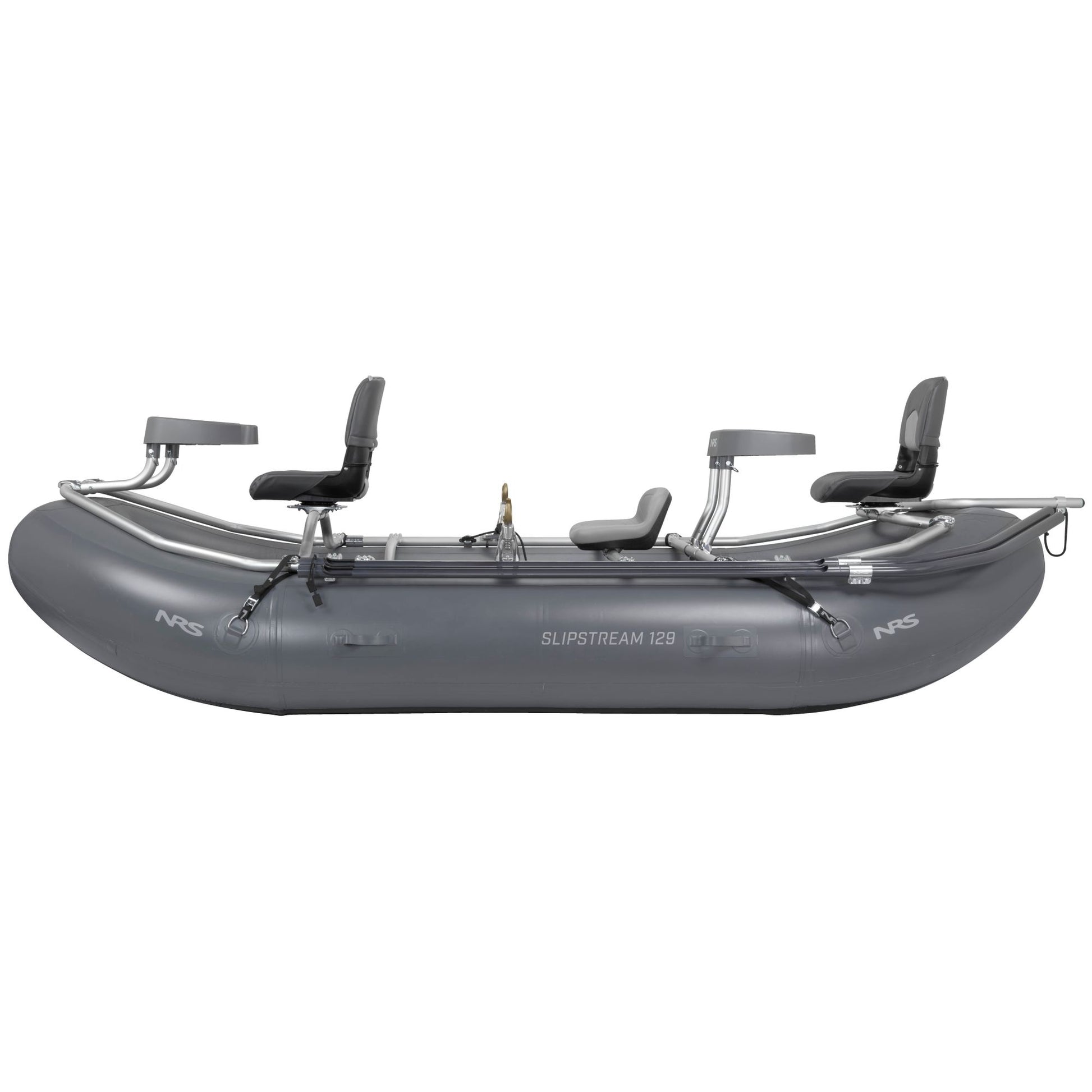 A durable, gray NRS Slipstream Fishing Raft with two seats on it.