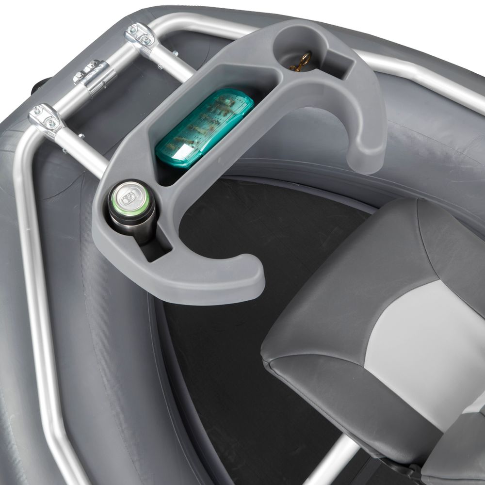 The NRS Slipstream Fishing Raft includes a grey plastic circular holder, engineered for durability, securely holding a drink can and small bottle. Mount it by the cushioned grey seat for optimal shallow water performance.