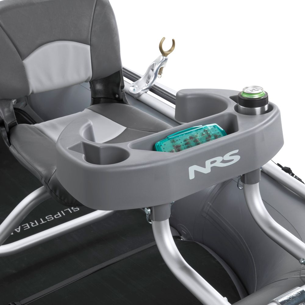 This gray fishing boat seat, designed for NRS Slipstream Fishing Raft users, includes a built-in cup holder, gear tray, and rod holder. Featuring cushioning and sturdy metal support legs, it promises whitewater-engineered durability for top shallow water performance seekers.