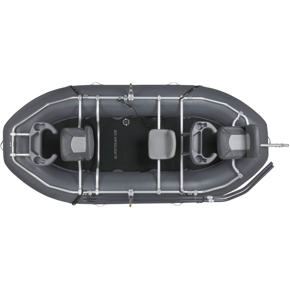 Top view of the gray NRS Slipstream Fishing Raft with whitewater-engineered durability, three seats, metal frame, and mounted rods—perfect for shallow water.