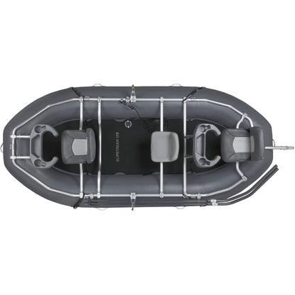 Top view of the gray NRS Slipstream Fishing Raft with whitewater-engineered durability, three seats, metal frame, and mounted rods—perfect for shallow water.