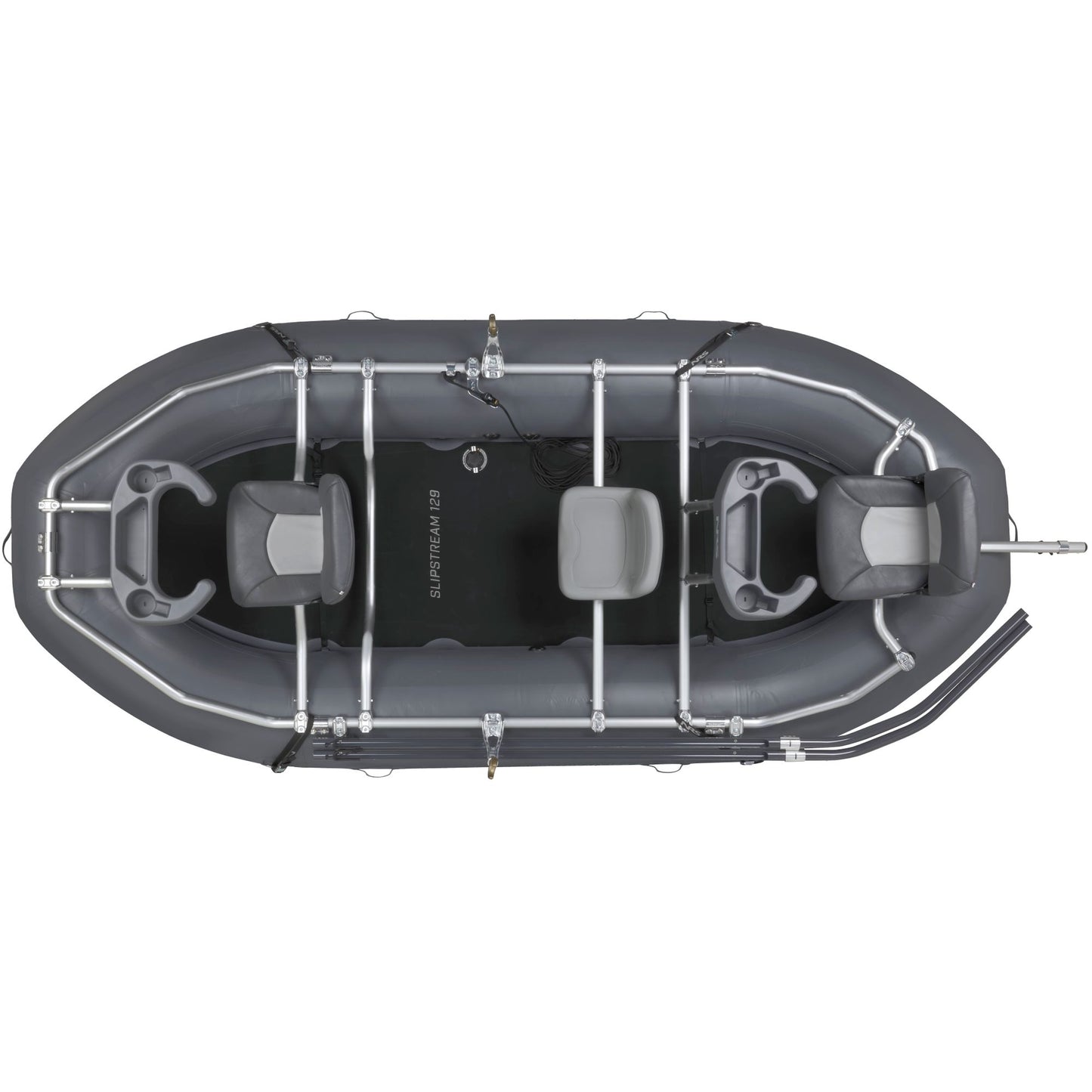 A gray NRS Slipstream Fishing Raft with three seats and a slip-resistant foam pad.