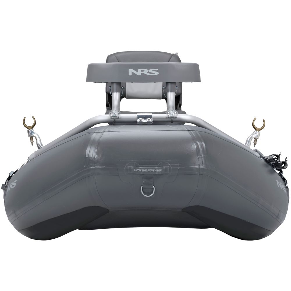 Introducing the NRS Slipstream Fishing Raft: a durable inflatable gray raft with a top seat, metal fixtures, and attachment points. Designed for whitewater durability and excellent shallow water performance, it's ideal for adventurers seeking reliability and precision on the water.
