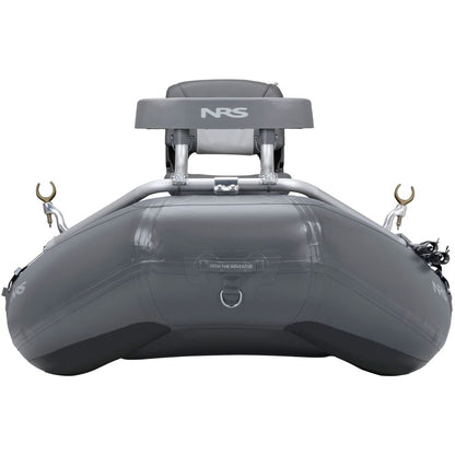 Introducing the NRS Slipstream Fishing Raft: a durable inflatable gray raft with a top seat, metal fixtures, and attachment points. Designed for whitewater durability and excellent shallow water performance, it's ideal for adventurers seeking reliability and precision on the water.