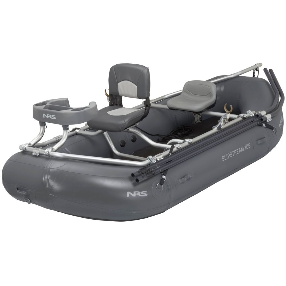 The gray inflatable Slipstream Fishing Raft by NRS features two seats, an aluminum frame, and oar locks, designed for excellent shallow water performance. Its whitewater-engineered durability ensures the Slipstream 126 meets high standards for fishing raft enthusiasts.