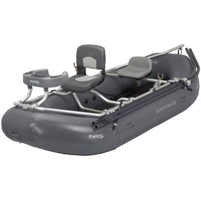 The gray inflatable Slipstream Fishing Raft by NRS features two seats, an aluminum frame, and oar locks, designed for excellent shallow water performance. Its whitewater-engineered durability ensures the Slipstream 126 meets high standards for fishing raft enthusiasts.