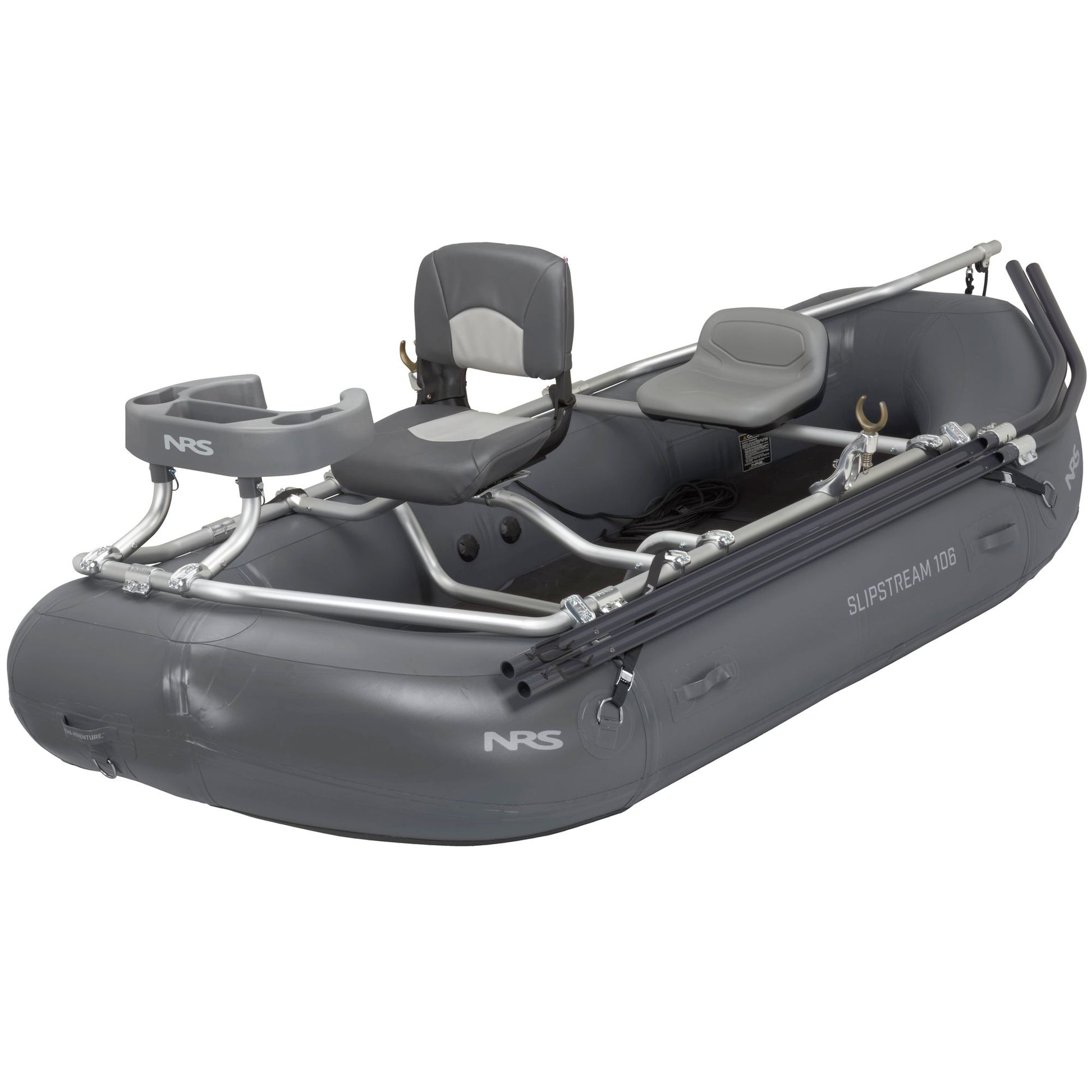 A gray NRS Slipstream Fishing Raft with two seats and a slip-resistant foam pad.