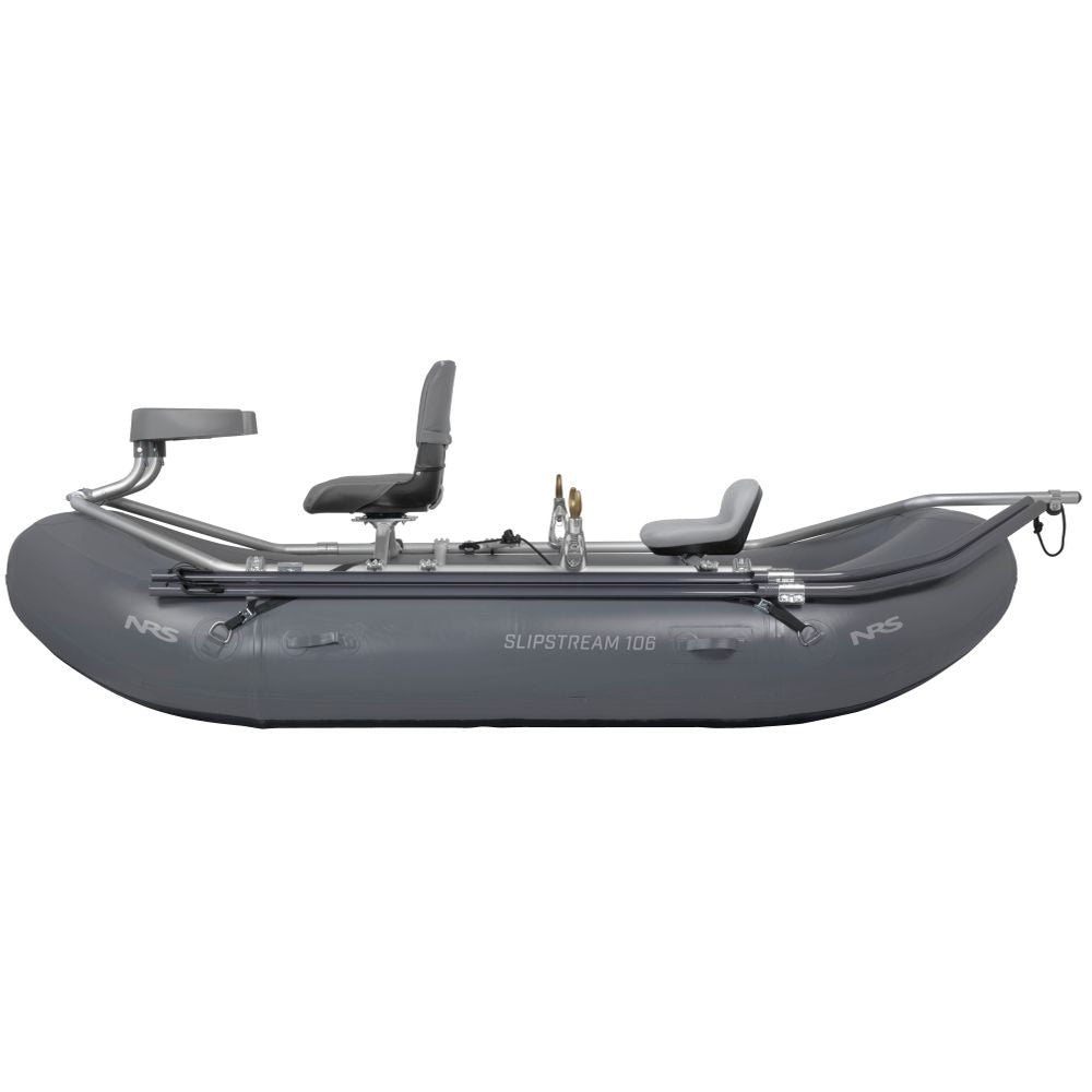The NRS Slipstream Fishing Raft in gray, known as "Slipstream 106," is a durable inflatable fishing raft with a sturdy metal frame engineered for whitewater. It features two seats for comfort and exceptional performance, even in shallow water.
