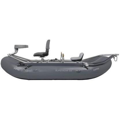 The NRS Slipstream Fishing Raft in gray, known as "Slipstream 106," is a durable inflatable fishing raft with a sturdy metal frame engineered for whitewater. It features two seats for comfort and exceptional performance, even in shallow water.