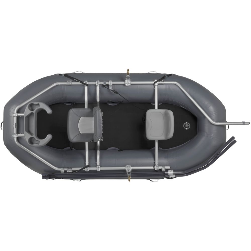 Aerial view of a grey inflatable Slipstream Fishing Raft by NRS, featuring a metal frame with two seats and side-mounted oars, highlighting its whitewater-engineered durability for shallow water performance.