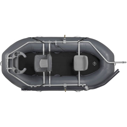 Aerial view of a grey inflatable Slipstream Fishing Raft by NRS, featuring a metal frame with two seats and side-mounted oars, highlighting its whitewater-engineered durability for shallow water performance.