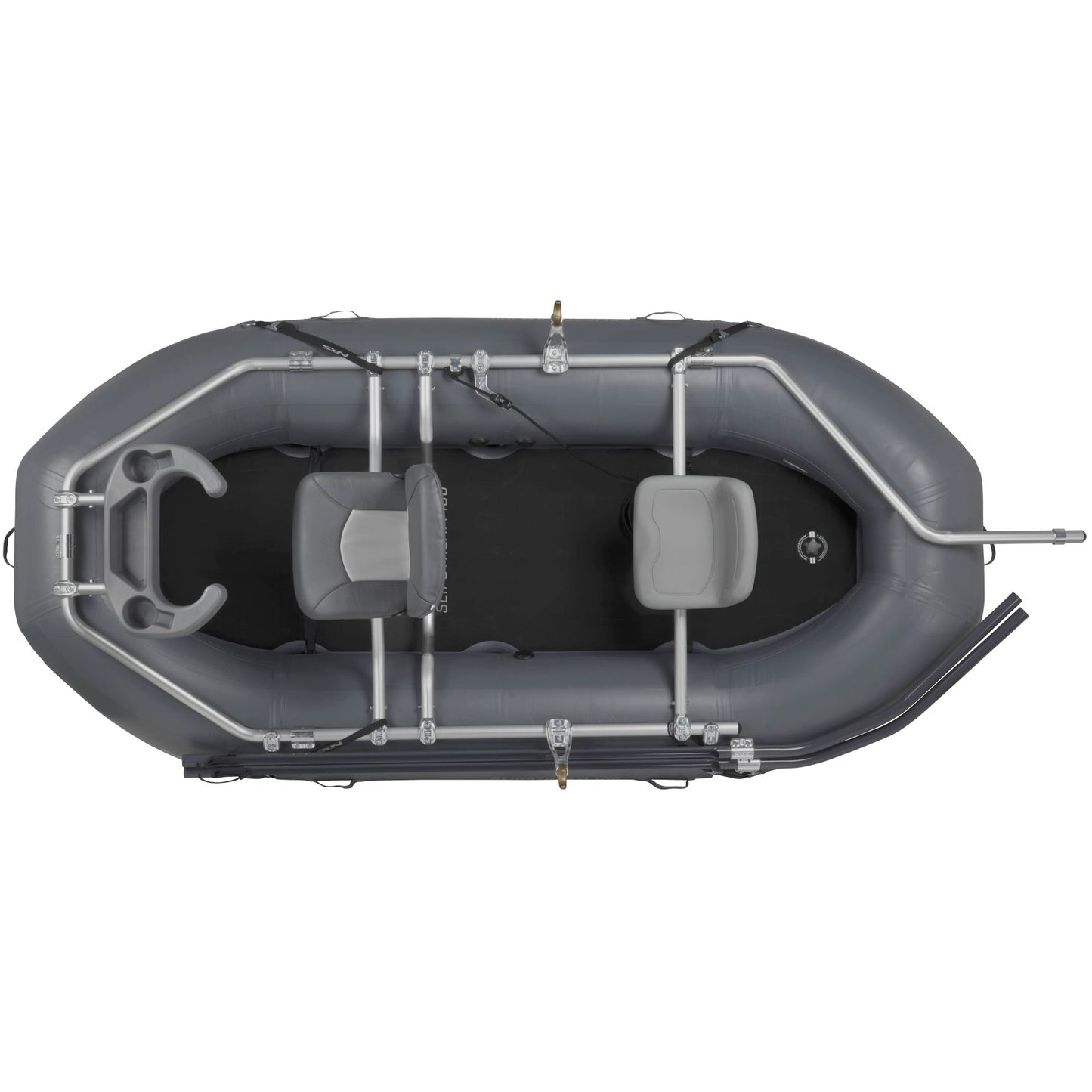 A gray NRS Slipstream Fishing Raft with a seat, two seats, and a slip-resistant foam pad.