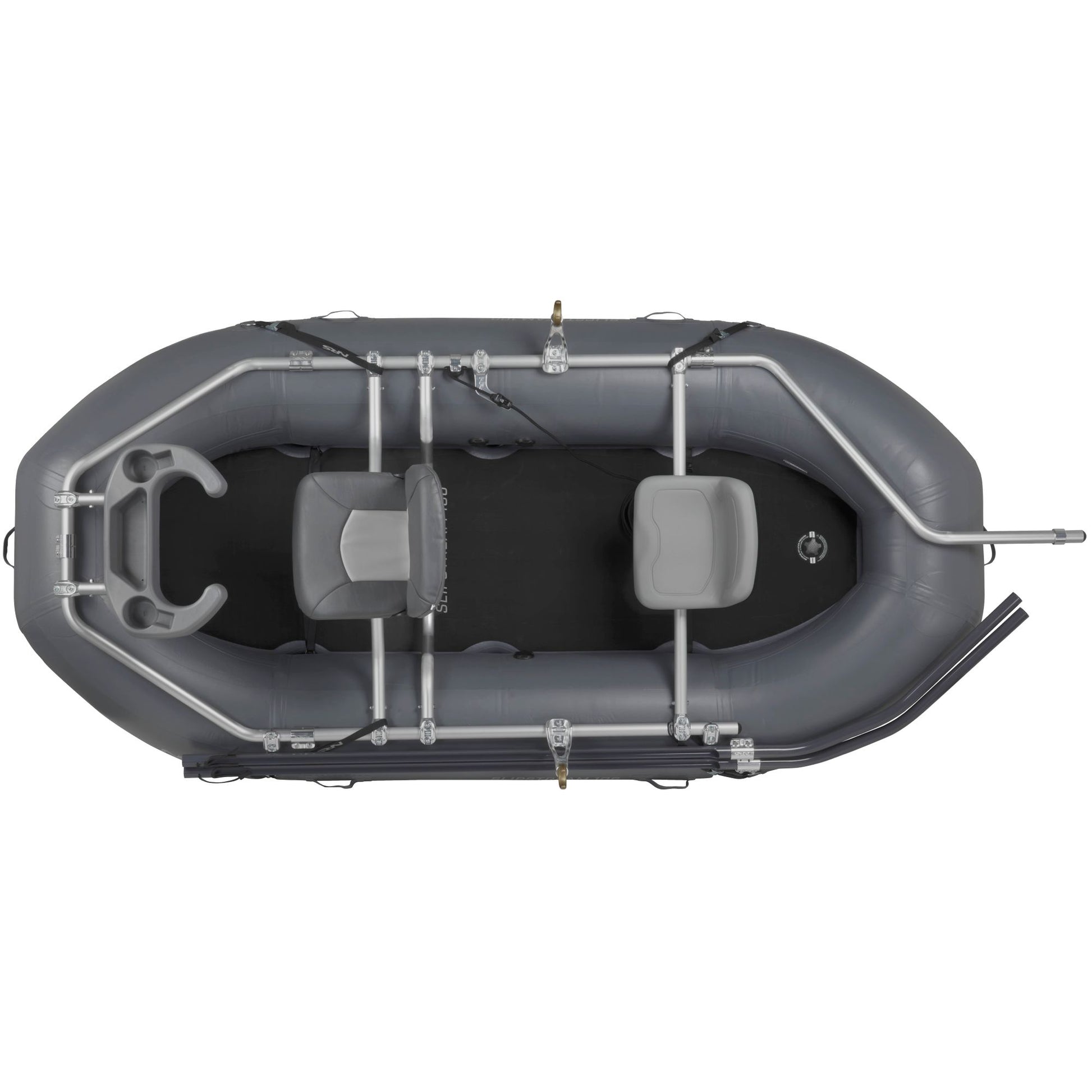 A gray NRS Slipstream Fishing Raft with a seat, two seats, and a slip-resistant foam pad.