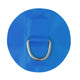 Close-up of the NRS Star 1.3" PVC D-Ring attached to a blue circular rubber patch, perfect for inflatable crafts and outdoor activities.