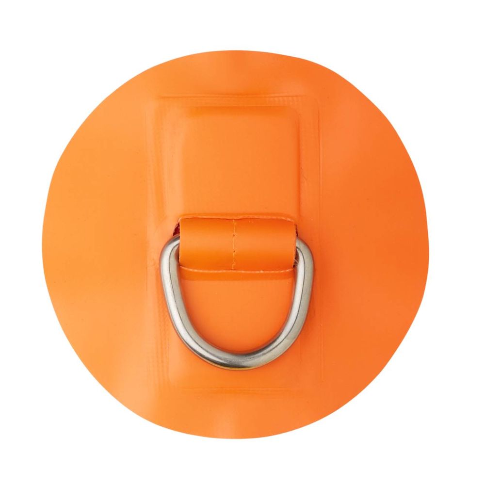 The NRS Star 1.3" PVC D-Ring is an orange round patch made for outdoor use, featuring a central silver D-ring, perfect for securing items on inflatable crafts.