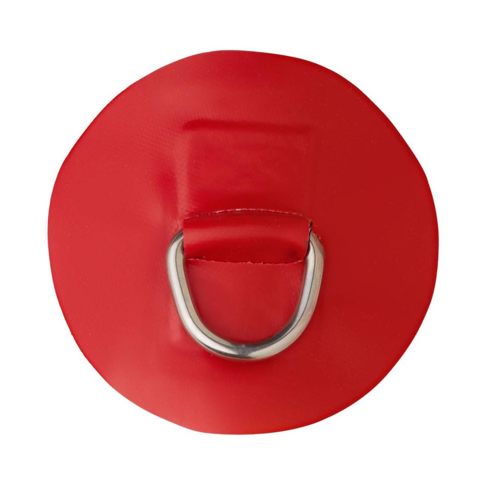The NRS Star 1.3" PVC D-Ring is a versatile red circular patch with a sturdy metallic D-ring in the center, ideal for securing equipment on inflatable crafts or other outdoor uses.