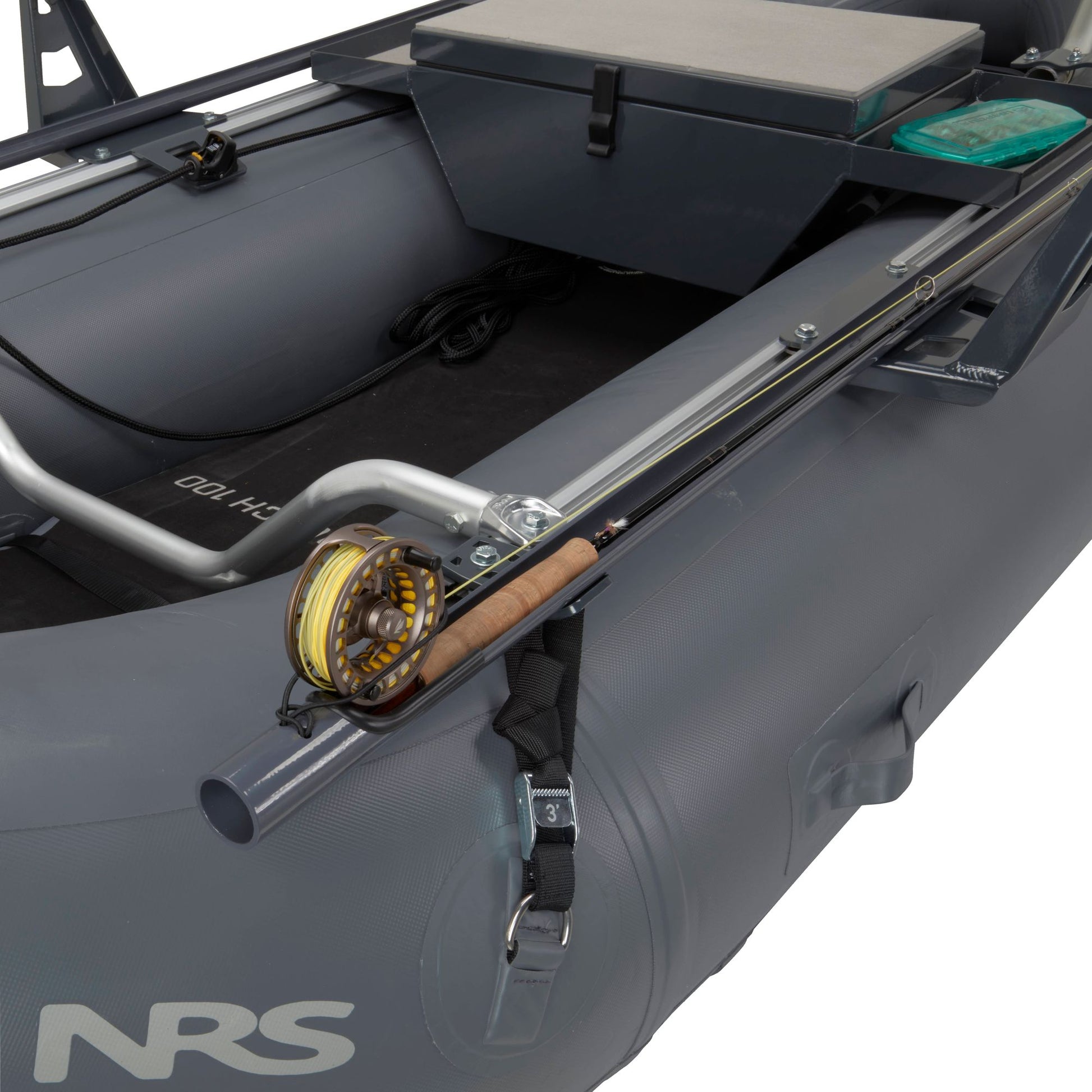 NRS Approach Fishing Raft equipped with fishing gear, including a rod and reel, secured on a rack.