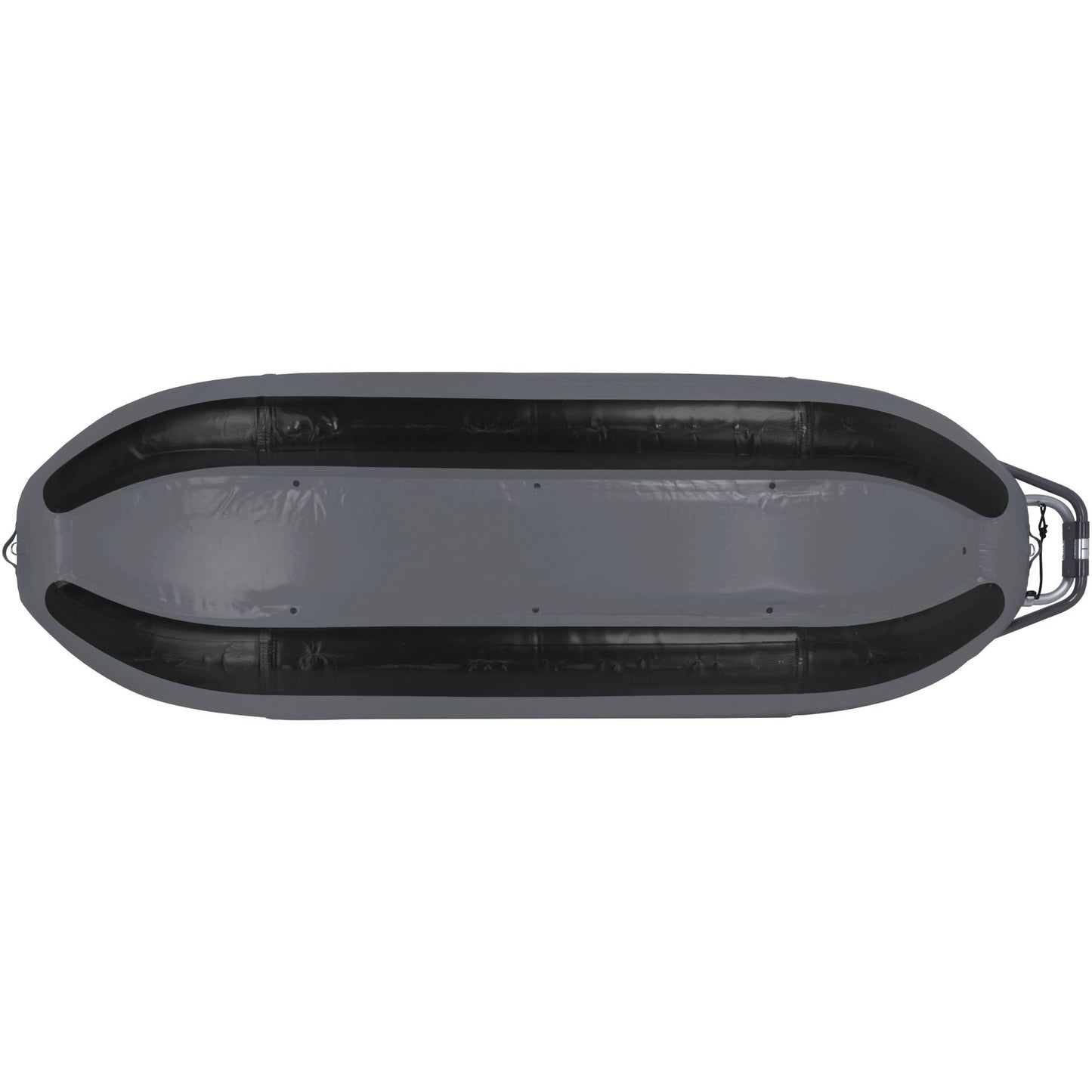 Inflatable black rubber Approach Fishing Raft by NRS viewed from above.