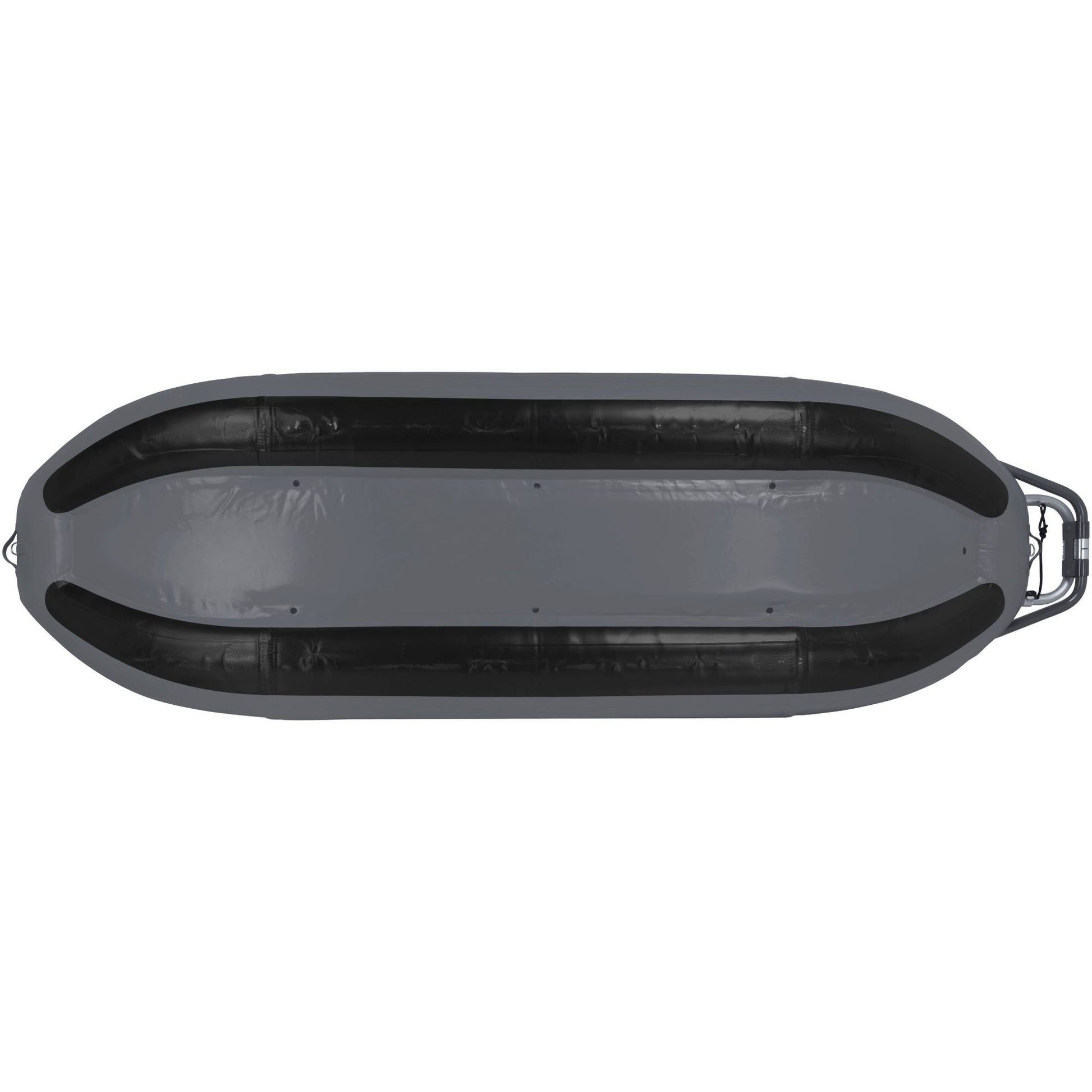 Inflatable black rubber Approach Fishing Raft by NRS viewed from above.