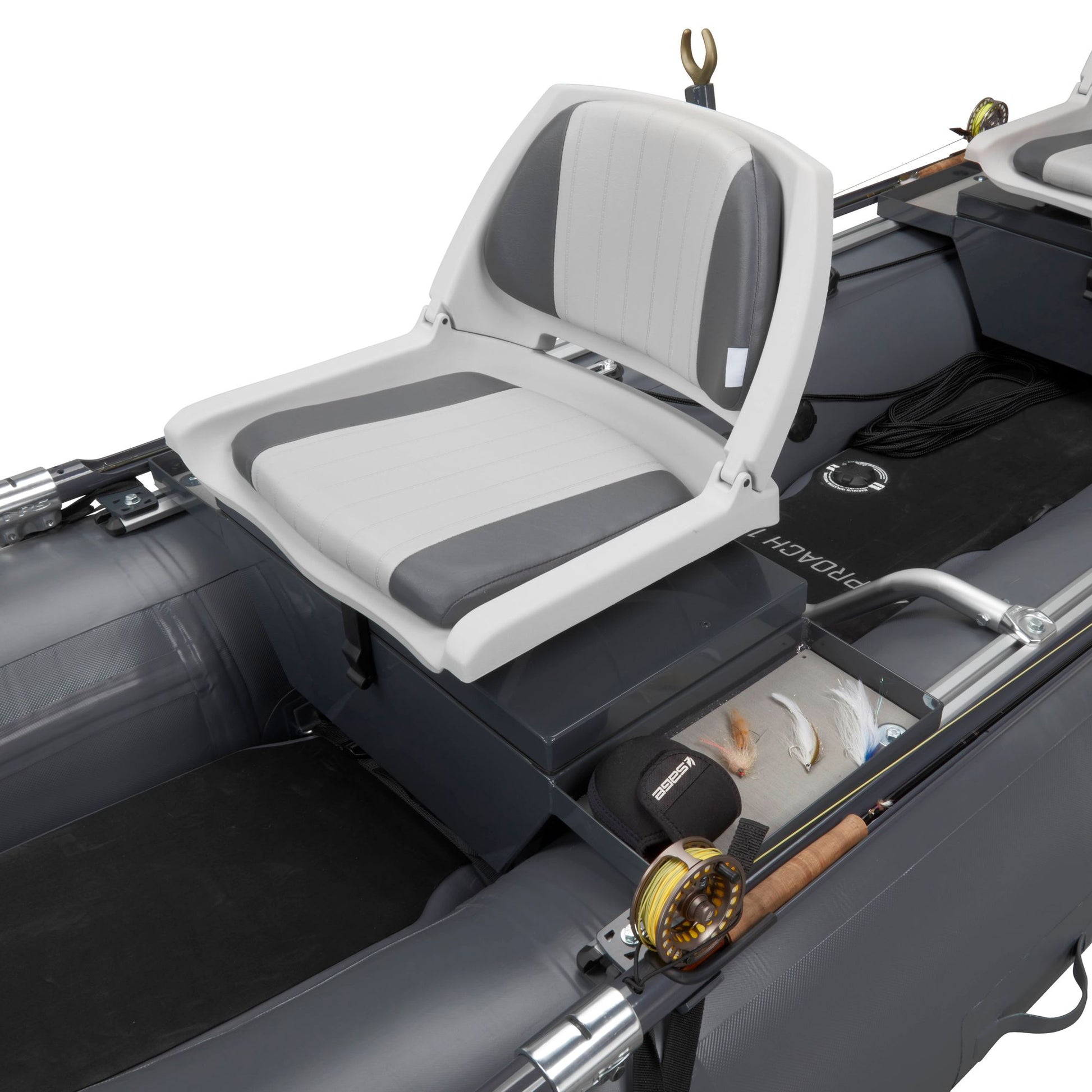A seat on an NRS Approach Fishing Raft with a drop-stitch floor.