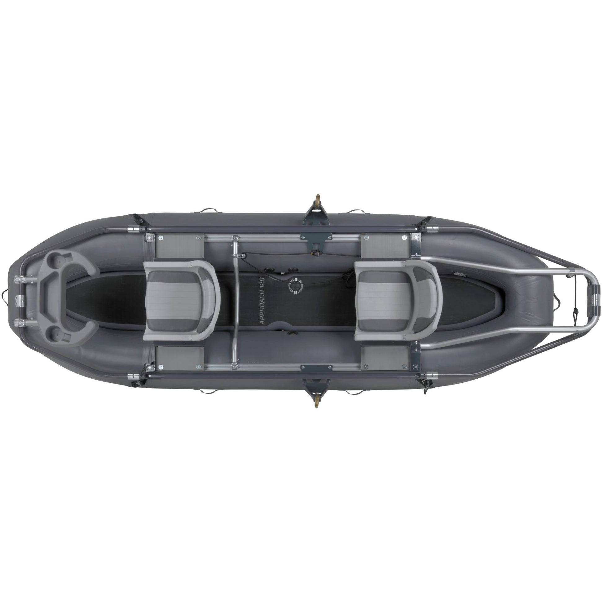 Inflatable grey NRS Approach Fishing Raft viewed from above.