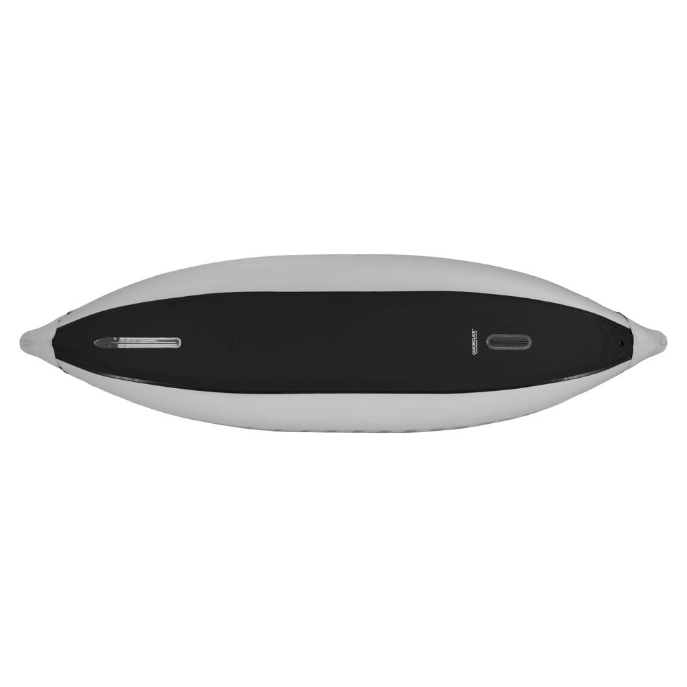 Top-down view of the NRS Akamai 110 Inflatable Kayak in black and white PVC-free nylon, featuring a streamlined shape and two carry handles—ideal for flatwater adventures.