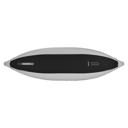 The NRS Akamai 110 Inflatable Kayak features a PVC-free nylon build with a black and white design, a streamlined shape, and two handles at each end.