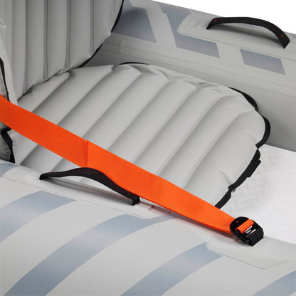 Close-up of the NRS Akamai 110 Inflatable Kayak's gray PVC-free nylon seat with a textured surface, black handles, and an orange safety strap across the middle.