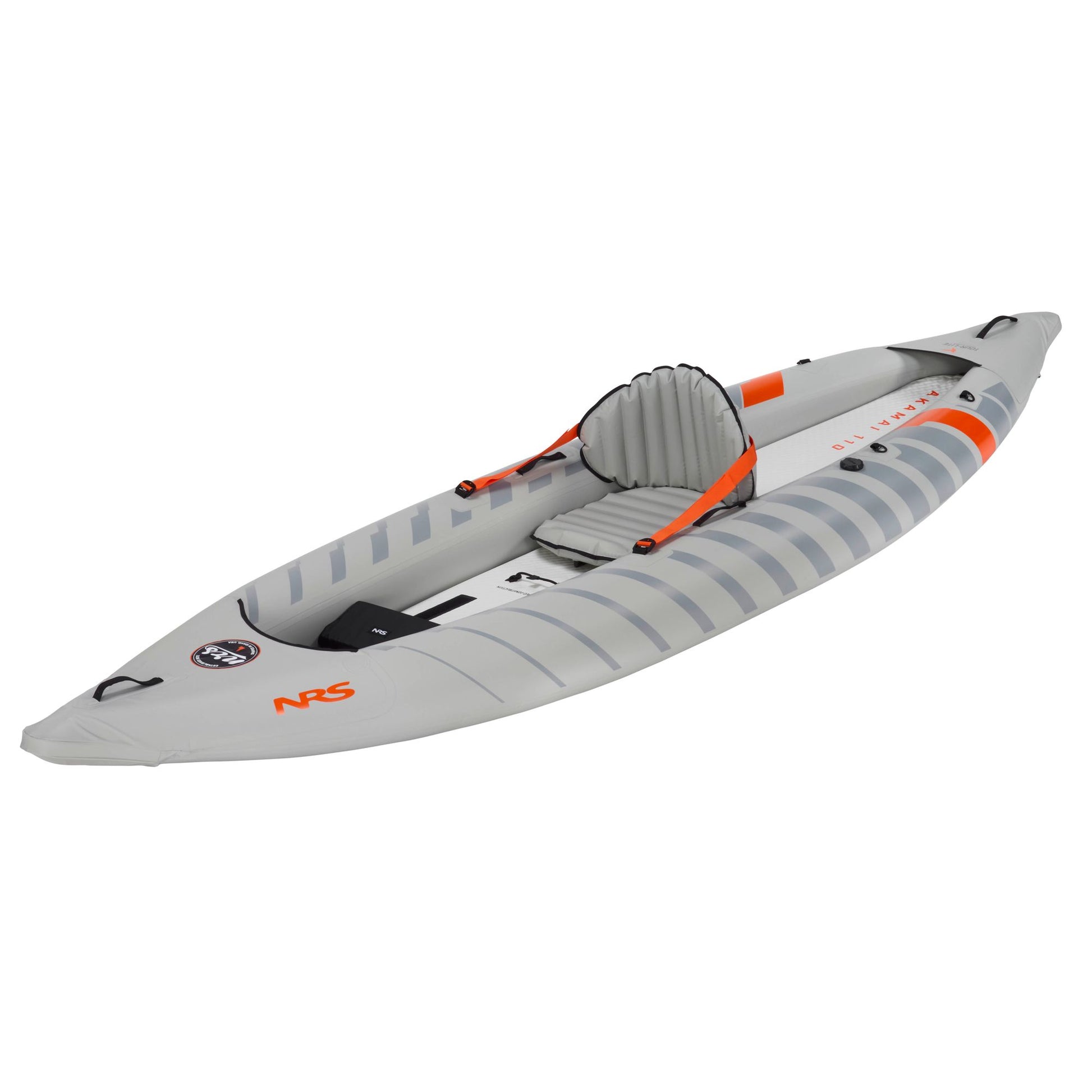 The NRS Akamai 110 Inflatable Kayak, made from PVC-free nylon with orange accents and an adjustable seat, displays the NRS logo. Shown in gray against a white background.
