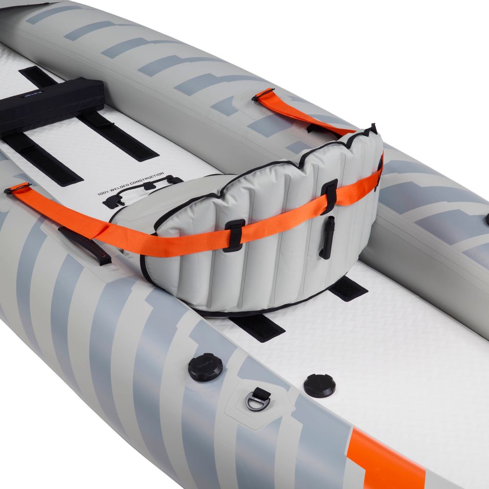 The NRS Akamai 110 Inflatable Kayak features a gray and white striped seat with orange straps and black buckles, crafted from PVC-free nylon for durable, eco-friendly comfort, and attaches securely to your flatwater kayak.