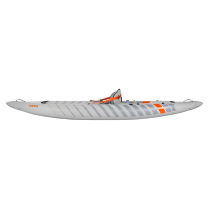 Side view of the NRS Akamai 110 Inflatable Kayak, gray with orange accents and a single seat, made from PVC-free nylon, shown against a white background.