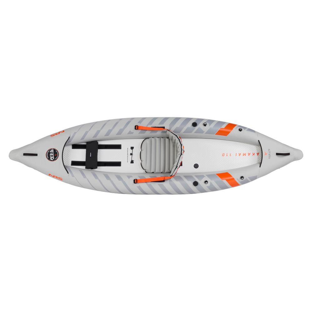 Top-down view of the NRS Akamai 110 Inflatable Kayak in gray with orange accents, single seat, footrests, paddle holders, and “Akamai 110” labeling on the side—made from PVC-free nylon and ideal for flatwater paddling.