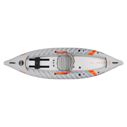 Top-down view of the NRS Akamai 110 Inflatable Kayak in gray with orange accents, single seat, footrests, paddle holders, and “Akamai 110” labeling on the side—made from PVC-free nylon and ideal for flatwater paddling.