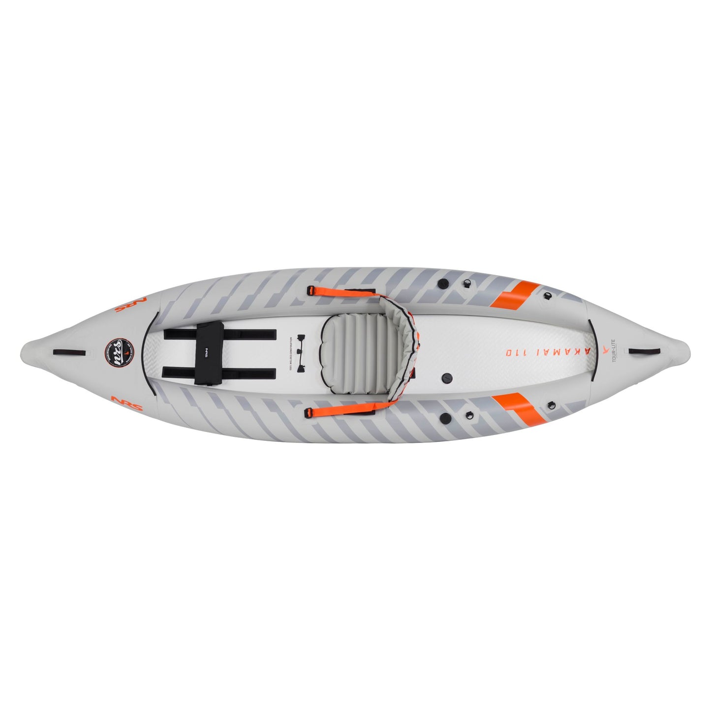 Top view of the NRS Akamai 110 Inflatable Kayak in gray with orange accents, crafted from PVC-free nylon; includes a single seat, footrest, and gear storage area.