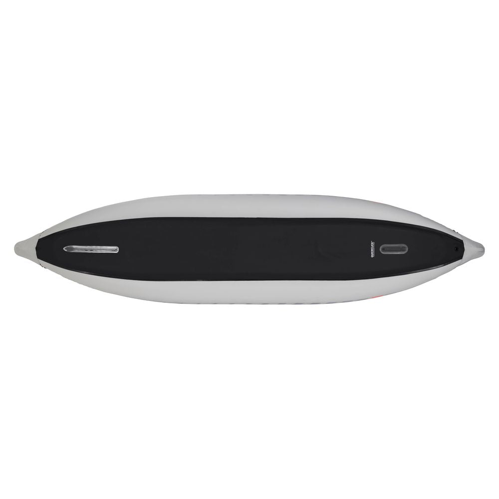 Top-down view of the NRS Akamai 125 Inflatable Kayak, made from PVC-free nylon, featuring a black center, gray sides, streamlined shape, and handles at both ends.