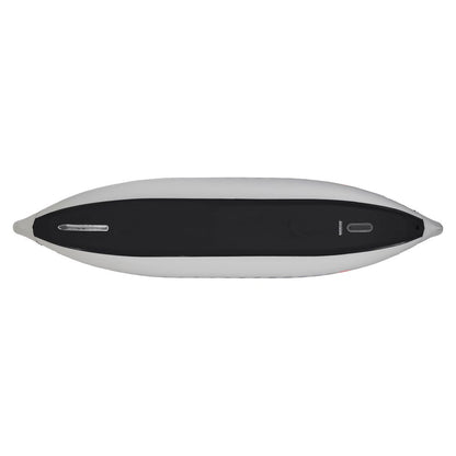 Top-down view of the NRS Akamai 125 Inflatable Kayak, made from PVC-free nylon, featuring a black center, gray sides, streamlined shape, and handles at both ends.