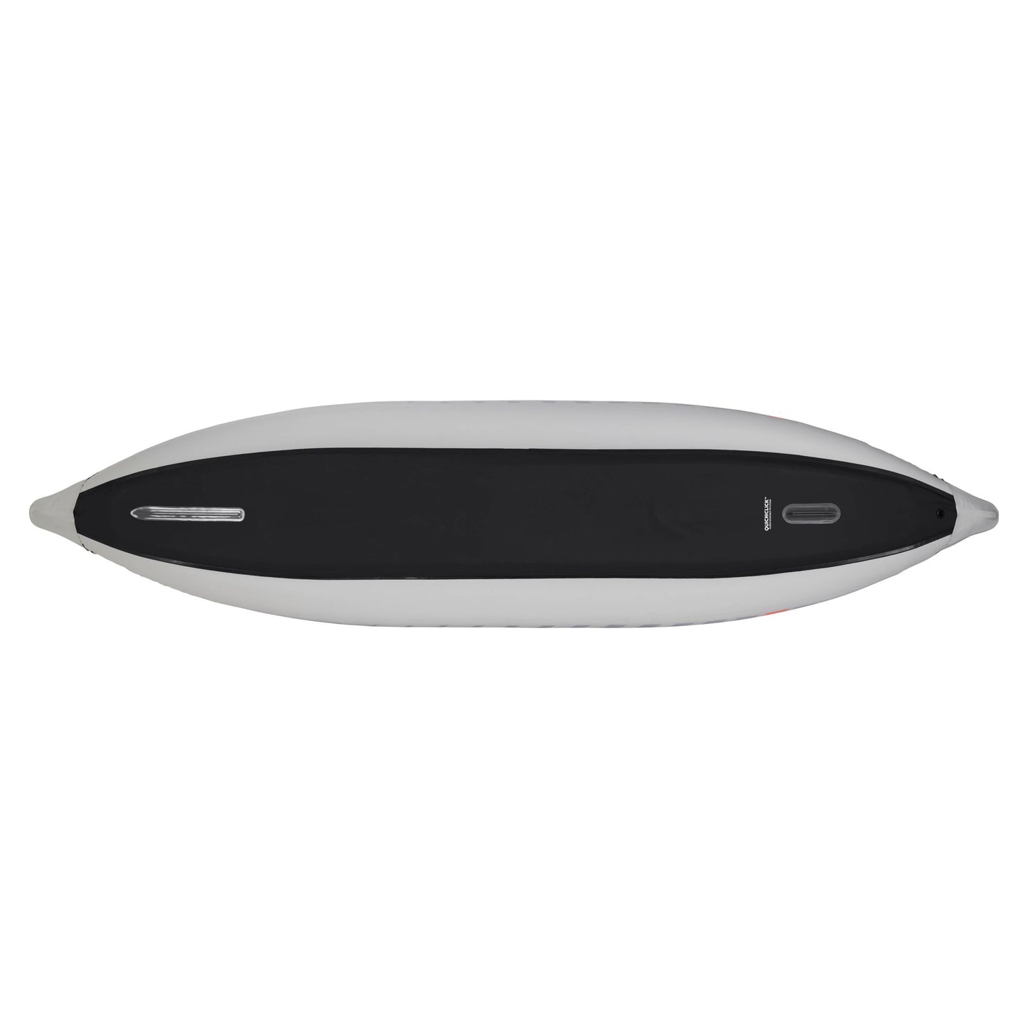 Top-down view of the NRS Akamai 125 Inflatable Kayak, featuring a black seating area and light grey sides—PVC-free and perfect for flatwater paddling.