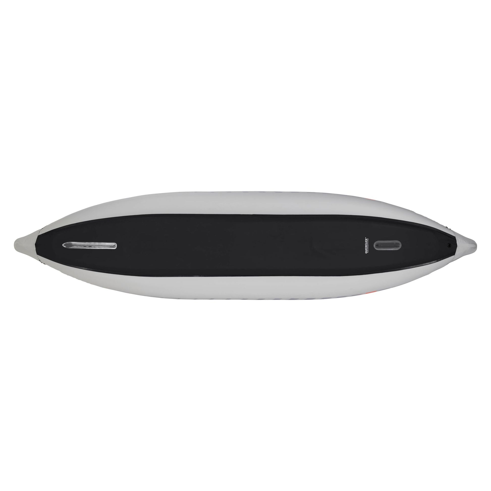 Top-down view of the NRS Akamai 125 Inflatable Kayak, featuring a black seating area and light grey sides—PVC-free and perfect for flatwater paddling.