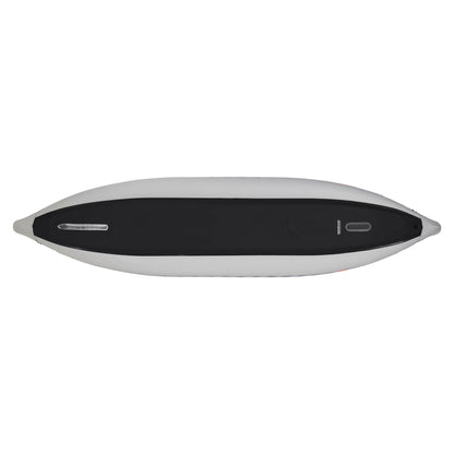 Top-down view of the NRS Akamai 125 Inflatable Kayak, featuring a black seating area and light grey sides—PVC-free and perfect for flatwater paddling.