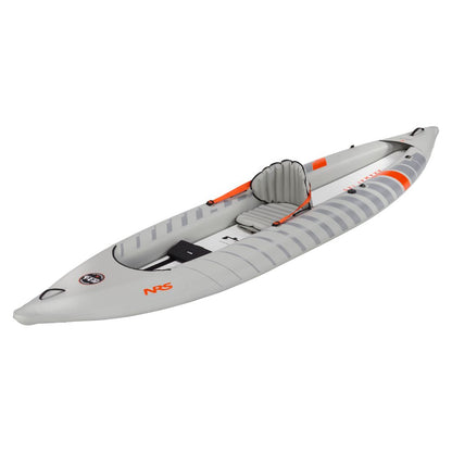 The NRS Akamai 125 Inflatable Kayak, featuring a single seat and footrest, is made from PVC-free nylon in grey and orange, shown against a white background.