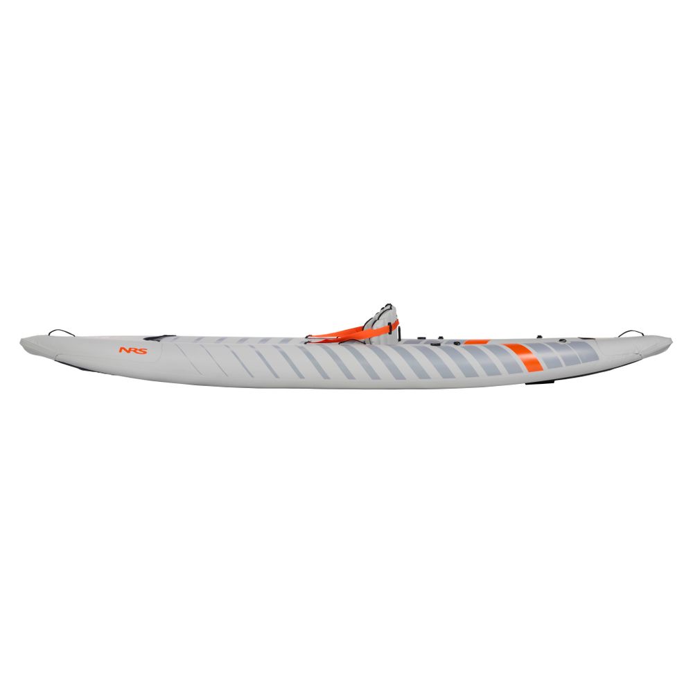 The NRS Akamai 125 Inflatable Kayak, shown in side profile on a white background, features a gray PVC-free nylon body with orange accents and a single seat.