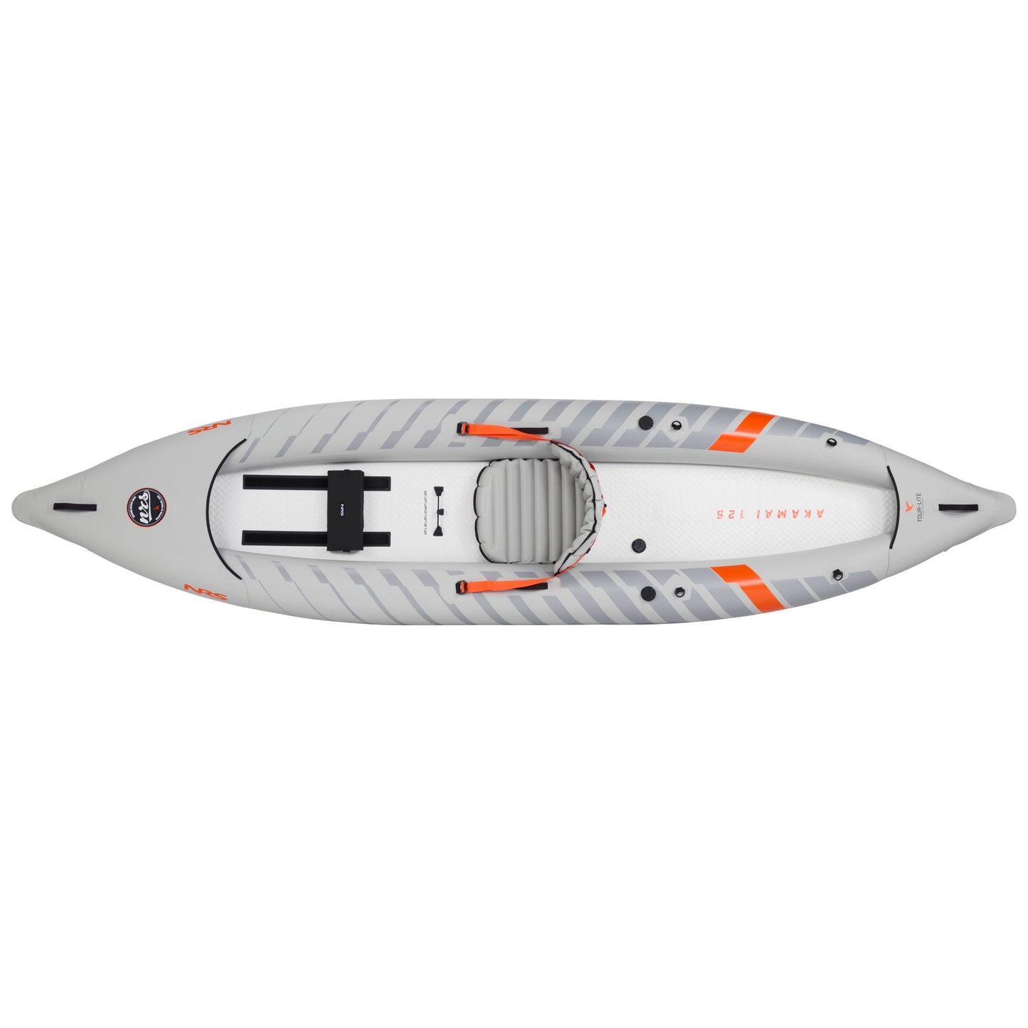Top view of the NRS Akamai 125 Inflatable Kayak in gray and white with orange accents; features a striped design, adjustable seat, footrests, and is PVC-free—ideal for eco-conscious flatwater paddlers.
