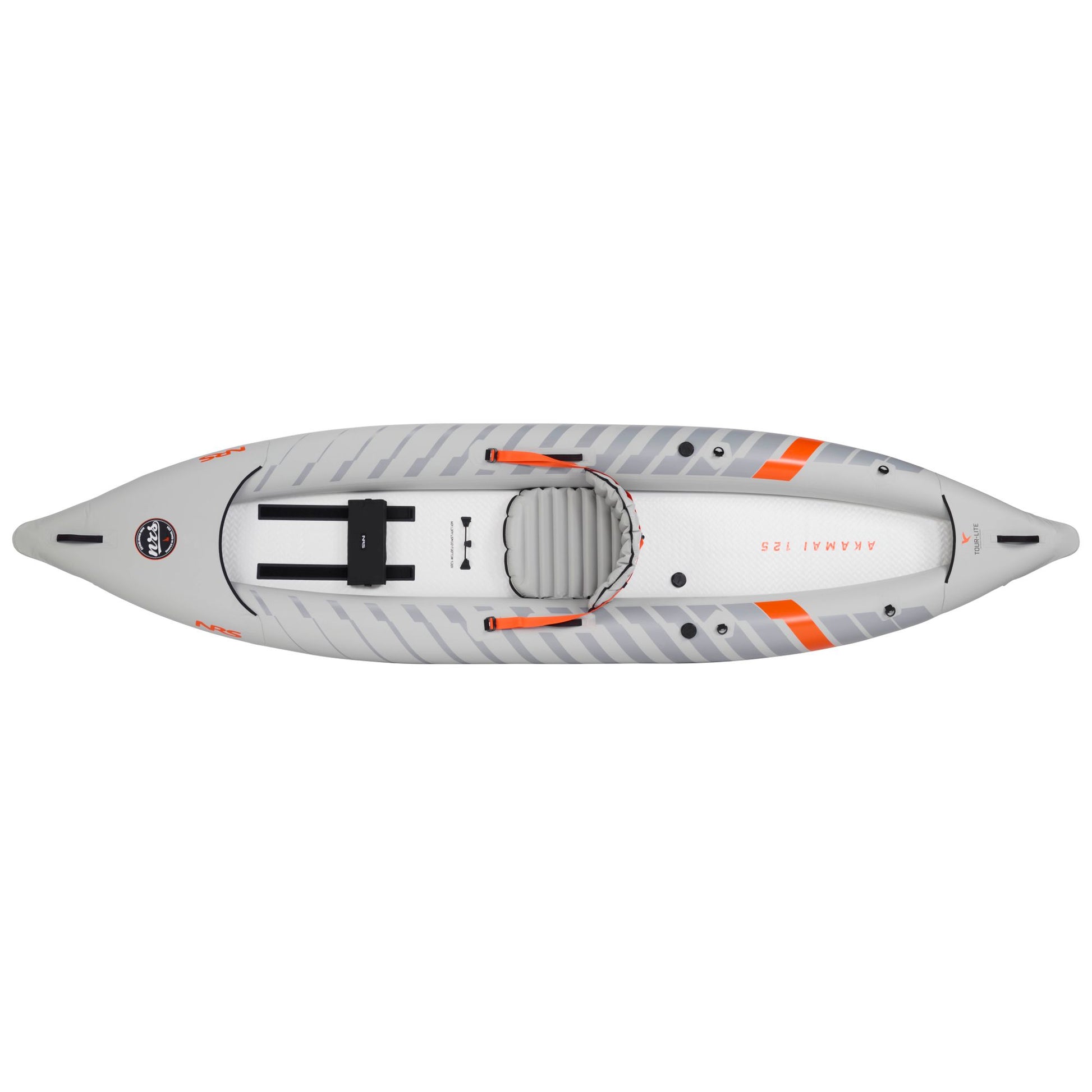 Top view of the NRS Akamai 125 Inflatable Kayak in gray and white with orange accents; features a striped design, adjustable seat, footrests, and is PVC-free—ideal for eco-conscious flatwater paddlers.