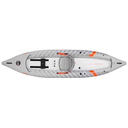 Top view of the NRS Akamai 125 Inflatable Kayak in gray and white with orange accents; features a striped design, adjustable seat, footrests, and is PVC-free—ideal for eco-conscious flatwater paddlers.