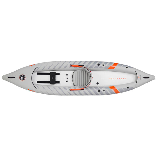 Top view of the NRS Akamai 125 Inflatable Kayak in gray and white with orange accents; features a striped design, adjustable seat, footrests, and is PVC-free—ideal for eco-conscious flatwater paddlers.