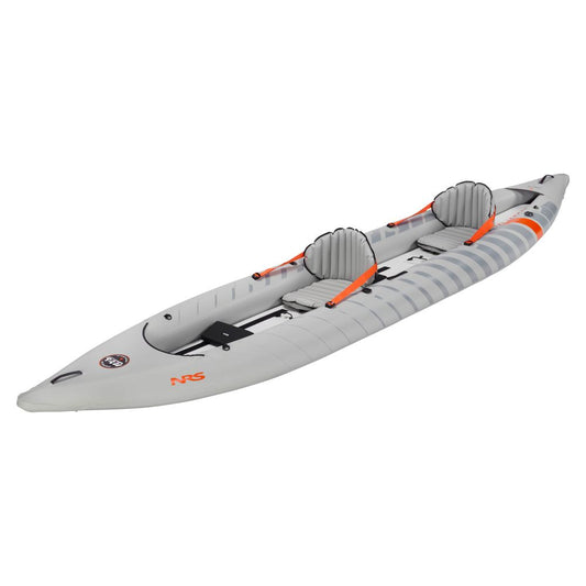 The NRS Akamai 145 Tandem Inflatable Kayak features two seats, black footrests, and orange paddles—perfect as a portable flatwater kayak, shown here in gray on a white background.
