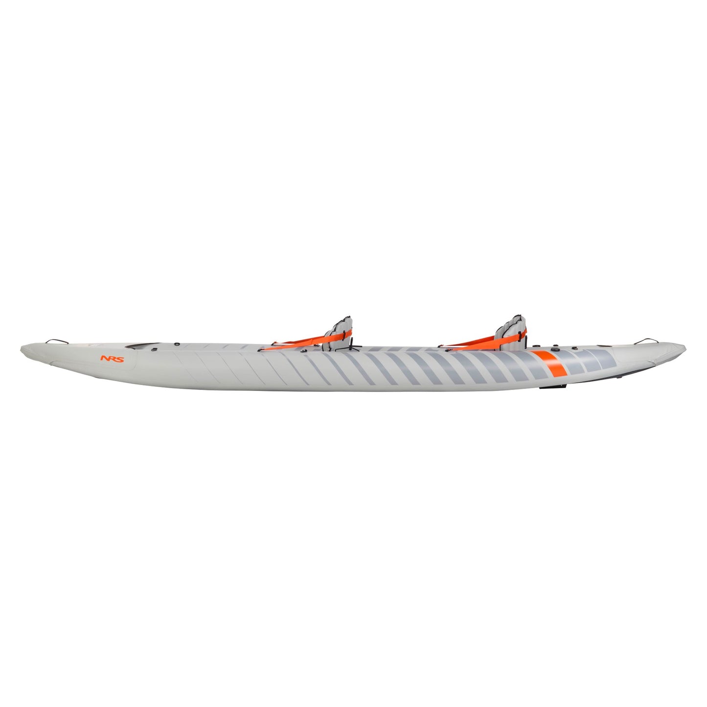 Side view of the NRS Akamai 145 Tandem Inflatable Kayak in gray with orange accents and two seats, ideal for flatwater adventures.
