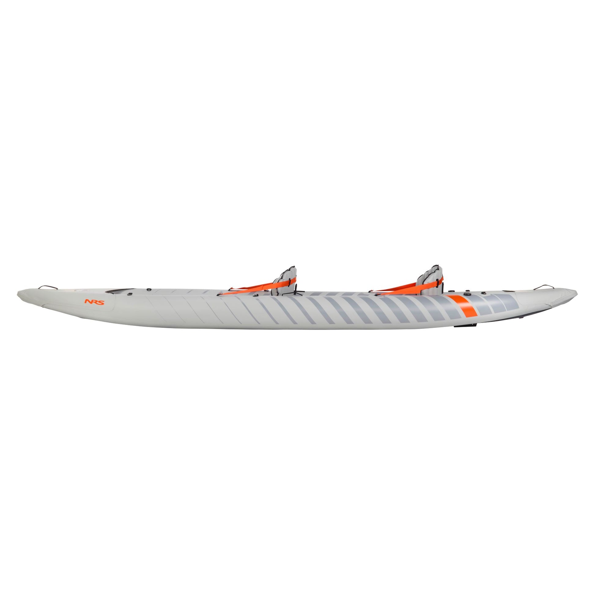 Side view of the NRS Akamai 145 Tandem Inflatable Kayak in gray with orange accents and two seats, ideal for flatwater adventures.